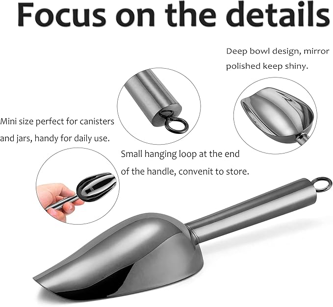 Mini Ice Scoop Set of 2, E-far 3 Ounce Platinum Black Stainless Steel Scoops for Candy/Flour/Sugar, Small Metal Scoops for Party/Canisters Jars/Kitchen Bar/Ice Maker, Rust Proof & Dishwasher Safe
