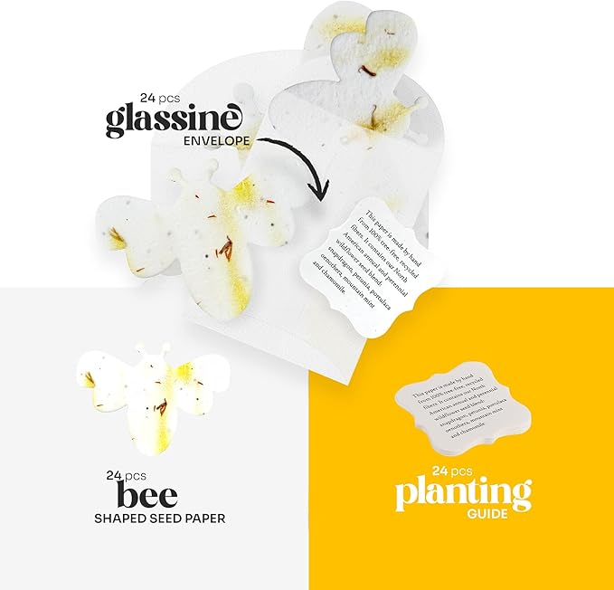 Set of 24 Yellow Bee Seed Paper – Writable & Plantable Wildflower with Envelopes & Planting Guides, Mom's Gift for Mother’s Day, Use for Wedding, Baby Shower, Party Favors & Easter Decorations