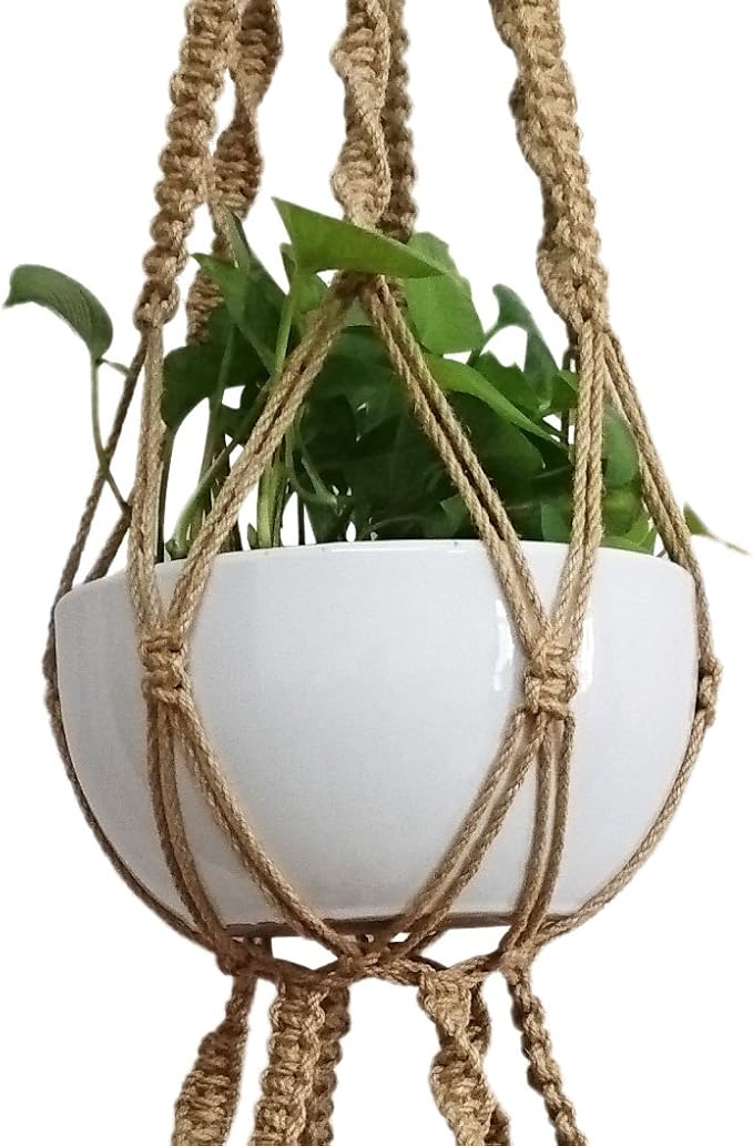 1 PCS 6 Legs Macrame Plant Hanger Jute Double Tiers Plant Hanger & Plant Holder with 6 pcs Round Brown Wood Bead, Hanging Planter 65-inches for 8 inch and 10 Inch Plant Pot (Without Pot)