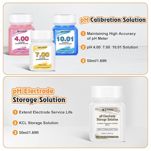 pH Calibration Solution Kit, pH 4 7 10 with KCL Electrode Storage Solution*1, Each 50ml (1.69fl oz) pH Buffer 4,00 7,00 and 10,01 Solution for Water, Pool, Soil, Food pH Meter, pH Probe