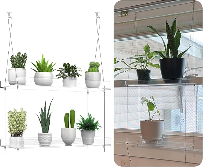 2-Tier Hanging Clear Plant Shelves for Windows, Acrylic Window Wall Plant Stand Shelf for Kitchen Indoor Gardens, Flower,Herb, Seedling Organization, and Pots Display, 16 Inch per Tier