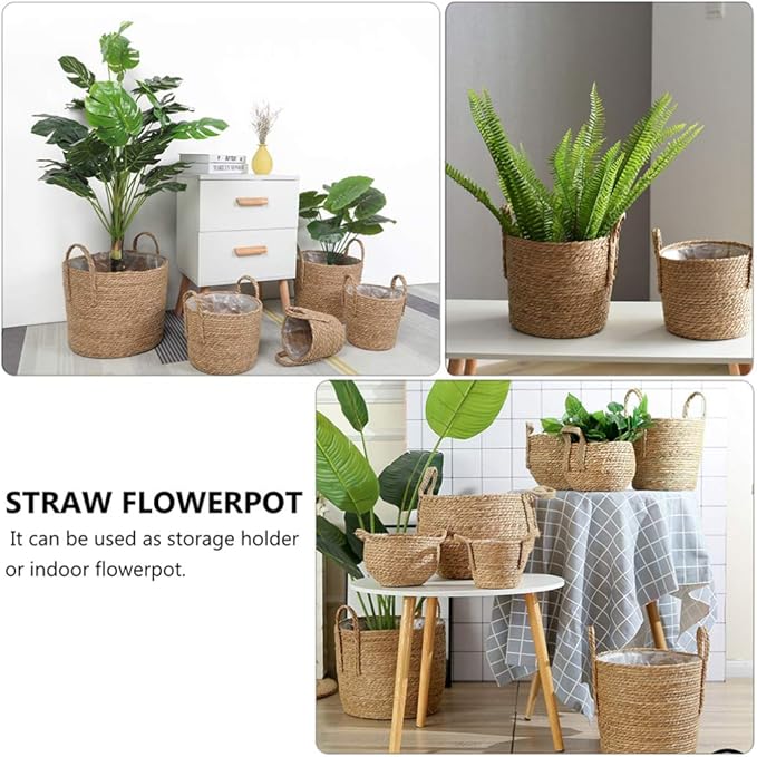 Yardwe Woven Flower Basket Straw Weaving Basket Plant Flower Pots Cover Garden Plant Containers Wicker Rattan Vase Storage Bins Box Container Sundries Organizer 6.3inchs