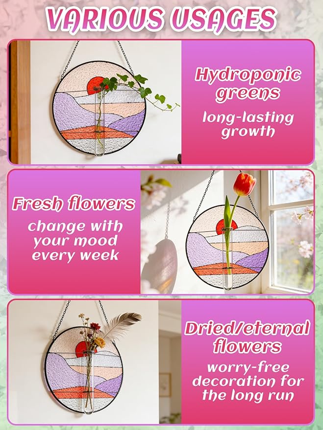 Stained Glass Propagation Stations - Sunshine Catcher Window Hanging Plant Holder, Terrariums Wall Decor for Women Mom Plant Lovers Gardening Gifts, Purple