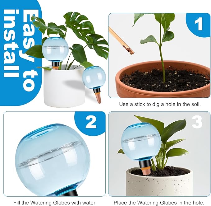 6 Pack Self Watering Globes 17oz Large Plant Watering Globes Top Fill, Self Water Planter Insert Indoor/Outdoor Plastic Water Bulbs Slow Release Terracotta for Plants, Blue