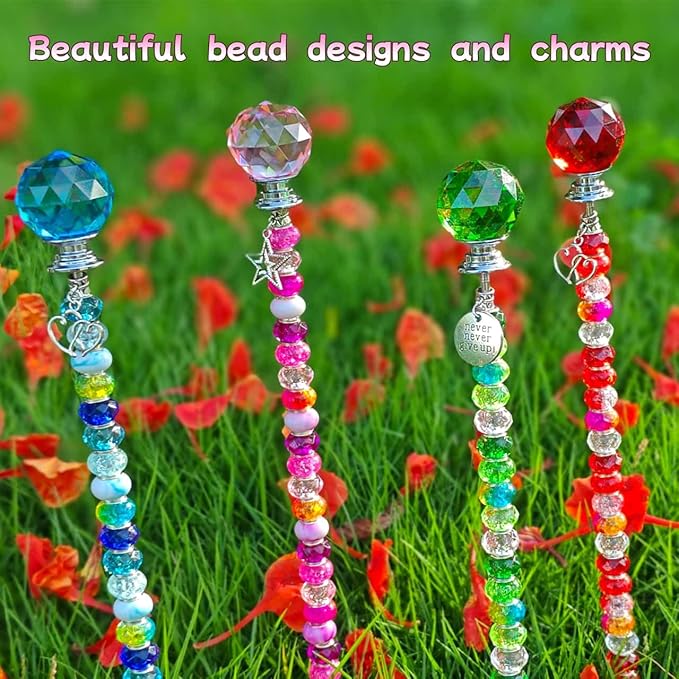 290Pcs Beaded Garden Stakes Kit - DIY Fairy Wand Garden Stake Beads Kit with 240 Colorful Large Hole Beads, Fairy Garden Accessories Outdoor for Different Festivals (6Diamonds & 6Balls)