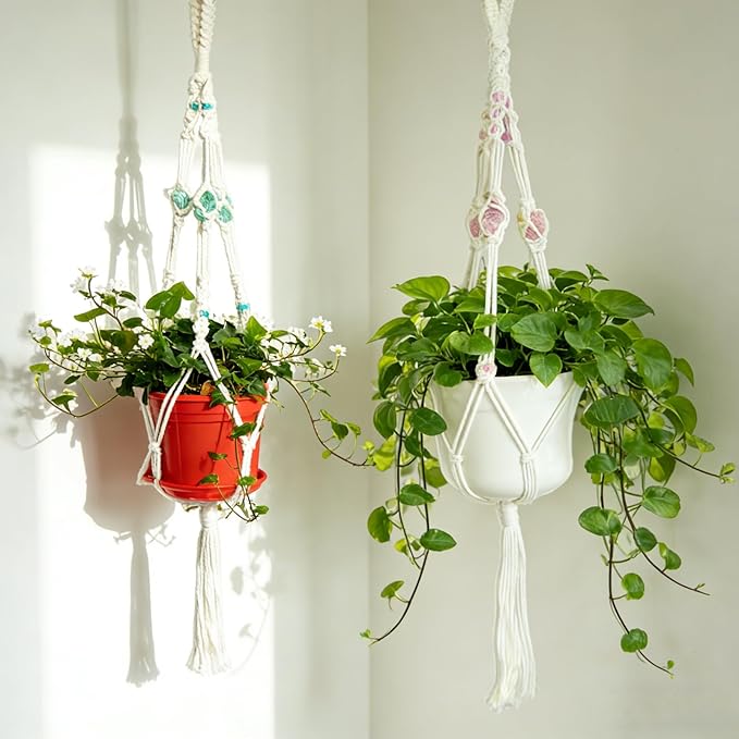 Nomylunota Macrame Plant Hanger with Boho Beads Handmade Hanging Planter Crochet Plant Holder(35.4 inches, Beige with Blue Pink Beads)