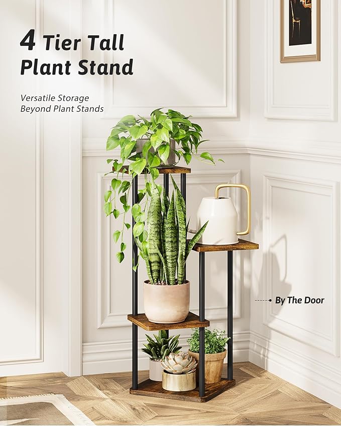 GENTINGBRO Tall Plant Stand Indoor 4 Tiered Plant Shelf for Multiple Plants Coner Shelf Stand Wood Plant Stand Metal Shelving for Living Room Bedroom Balcony Patio Brown Oak