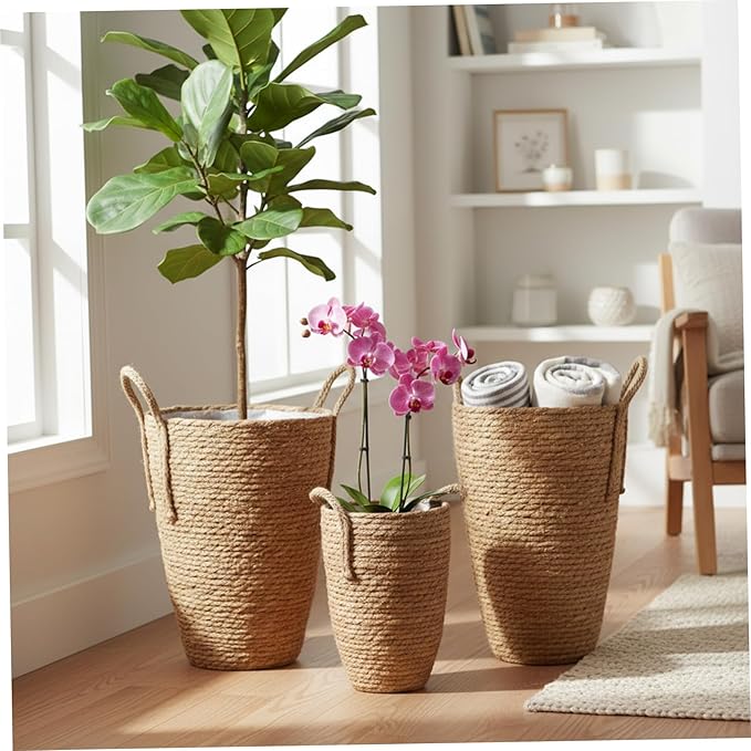 3PCS Rattan Planter, 3 Sizes Seagrass Woven Plant Basket with Waterproof Liner, Plant Baskets Indoor with Handle for Balcony Home Decoration