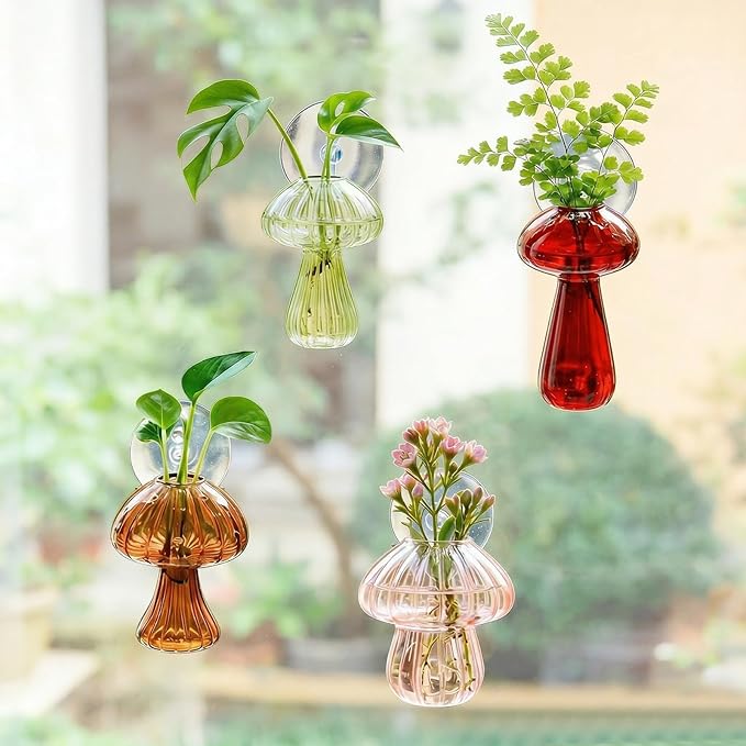 Window Propagation Stations, Propagation Vases, Colored Mushroom Glass Vases with Suction Cups, Nail-Free Easy-Install Wall-Mounted Planters, Plant Lover Gifts (4-Pack)