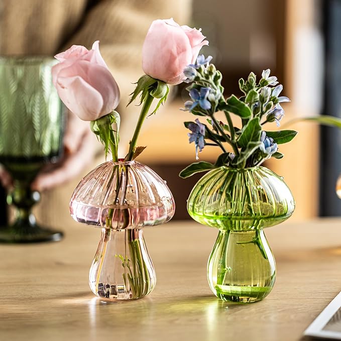 Mushroom Vases, Set of 2 Colored Plant Propagation Station, Mushroom Propagation Vase, Mini Terrarium for Plants, Cute Glass Hydroponic Vase for Flowers, Gifts for Women, Plant Lover (2)