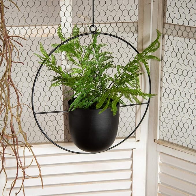 RISEON Boho Black Metal Plant Hanger,Metal Wall and Ceiling Hanging Planter, Modern Planter, Mid Century Flower Pot Plant Holder, Minimalist Planter for Indoor Outdoor Home Decor