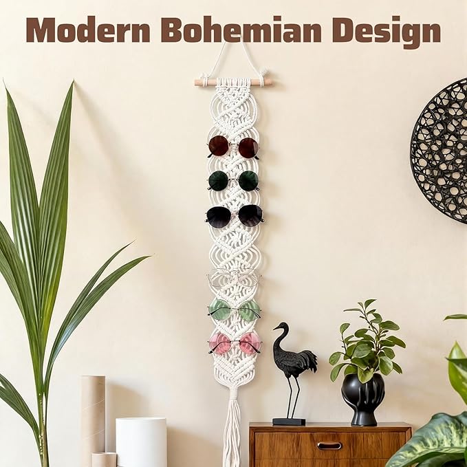 AceOrbit Macrame Sunglasses Holder Boho Wall-Mounted Hanging Sunglasses Organizer Vertical Woven Glasses Holder Display Storage Rack for Bohemian Bedroom Home Office Decor(Classic Style,White)