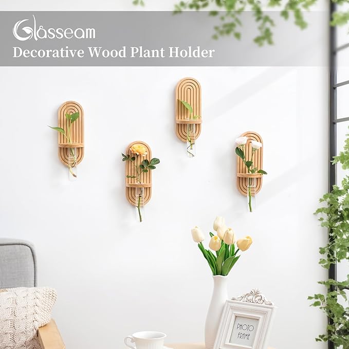 Glasseam Propagtion Stations for Wall Decor: 4pcs Boho Hanging Glass Propagation Vases for Plants and Flowers - Indoor Wood Wall Planter with Test Tube for Living Room Entryway Office Home Decor