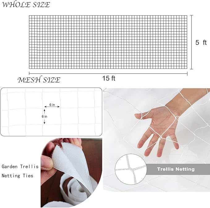 BaseGoal All-Weather Trellis Netting Mesh Plant Garden Vine Growing Flexible String Net (6" Mesh ployester, 5' Wx 15'L)