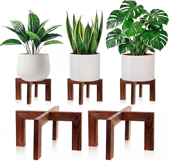 Tandefio 5 Pack Wood Plant Stand Indoor Outdoor Plant Holder Modern Sturdy Flower Pot Stands Flower Planter Wooden Stool, Fit 5-18 Inch Variety Pot, Easily Assemble, Retro Brown(11.8 x 6.7 Inches)