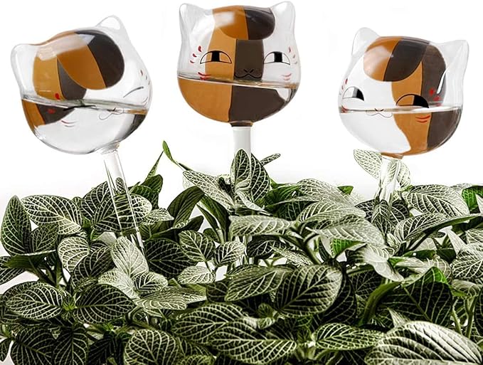 KiKiHeim Automatic Plant Waterer Globes Self Watering Planter Insert Devices System, Hand Blown Clear Glass Water Bulbs for Indoor&Outdoor, 6.4oz/190ml Capacity, 3 Cats