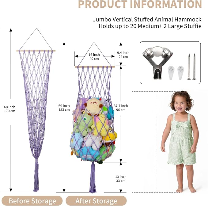 Stuffed Animal Storage Net, 68 Inch Jumbo Macrame Vertical Stuffed Animals Hammock Corner, Wall Ceiling Hanging Stuffy Hammock Plushie Holder Display for Kid Boy Girl Gift Boho Nursery Decor (Purple)
