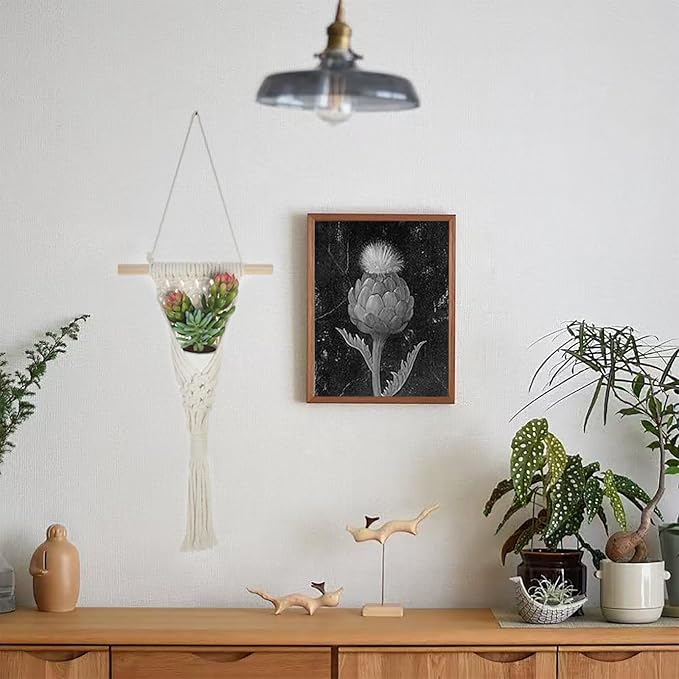 Macrame Wall Hanging with Artificial Succulent Plants, White Cotton Rope, Wooden Dowel, Boho Wall Decor (Succulent 1pcs)