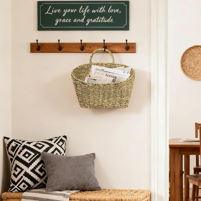 Hanging Wall Basket Handwoven Wicker Basket for Plants, Flowers & Storage, Rustic Farmhouse Wall Decor Organizer, Natural Seagrass