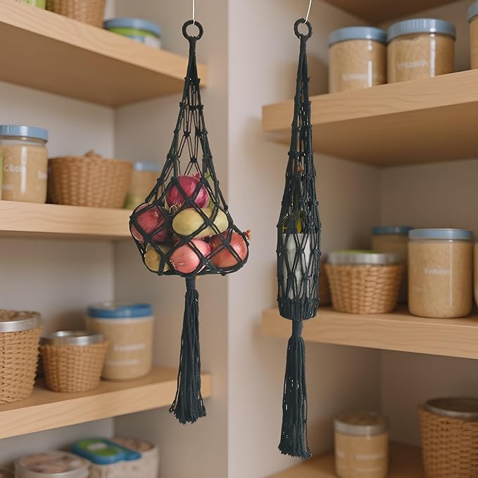2 Packs Hanging Fruit Basket - Bohemian macrame handmade Basket for Potato/Onion/Fruit/patato, Boho Wall Hanging Decor for Kitchen Macrame Wall Hanging Basket (Black)