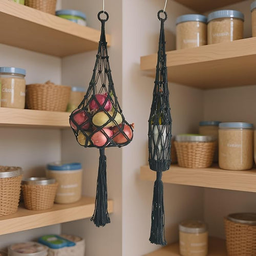2 Packs Hanging Fruit Basket - Bohemian macrame handmade Basket for Potato/Onion/Fruit/patato, Boho Wall Hanging Decor for Kitchen Macrame Wall Hanging Basket (Black)