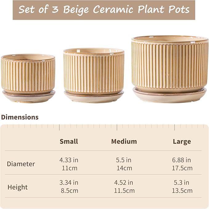 SURE YUESI Beige Ceramic Plant Pots Set of 3 (4.3”+5.5”+6.7”), Striped Planters with Drainage Hole, Saucer & Mesh Pads, Decorative Pots for Indoor & Outdoor Plants
