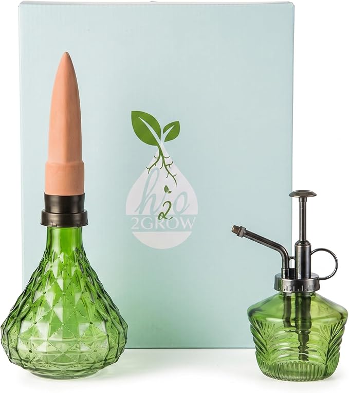 Glass Mini Watering Can Vintage Plant Mister Flower Water Spray Bottle and Faceted Glass Plant Watering Globe with Terracotta Spike, Plant Watering Gift Set,Green