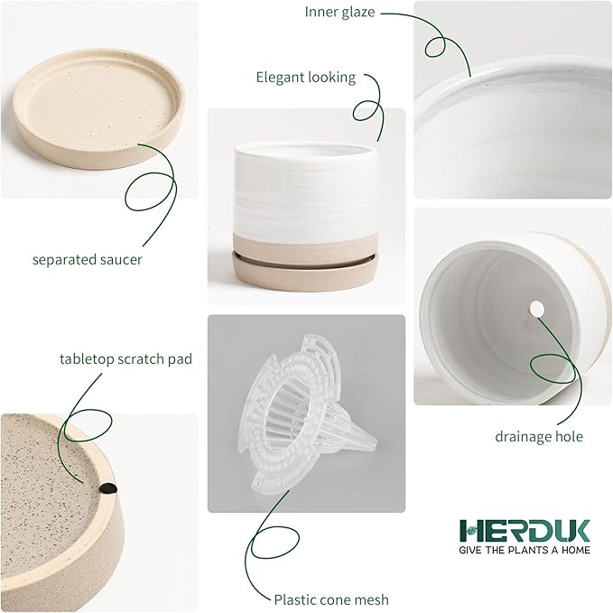 HERDUK 6 + 8 Inch Plant Pots, Ceramic Planter Pot with Drainage Hole & Saucer, Indoor/Outdoor Cylinder Round Planter Pot, Cream & Beige