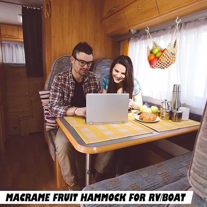 Fruit Hammock for Kitchen Under Cabinet,Large Macrame Fruit Hammock for Kitchen Décor,Storage That Saves Counter For More Counter Space at Home, Boat, or Rv,with 4 Hooks.(nature)