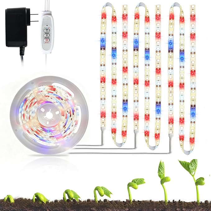 LED Grow Light Strips for Indoor Plants, 3 Head Each 10ft 120LED Red Blue White Full Spectrum Plant Grow Light Tape with 3/9/12H Timer 4 Dimmable Levels, 24W Plug in Plant Light for Seedling Shelf