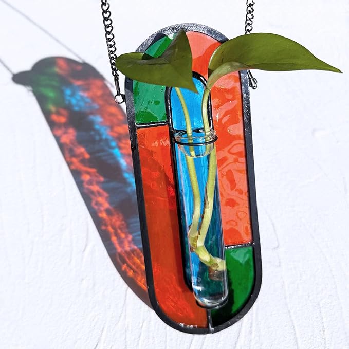 LITMIND Multi-Color Stained Glass Propagation Station - Handcrafted Translucent Suncatcher Planter with 2 Tubes, Hanging Hydroponic Décor for Windows & Garden