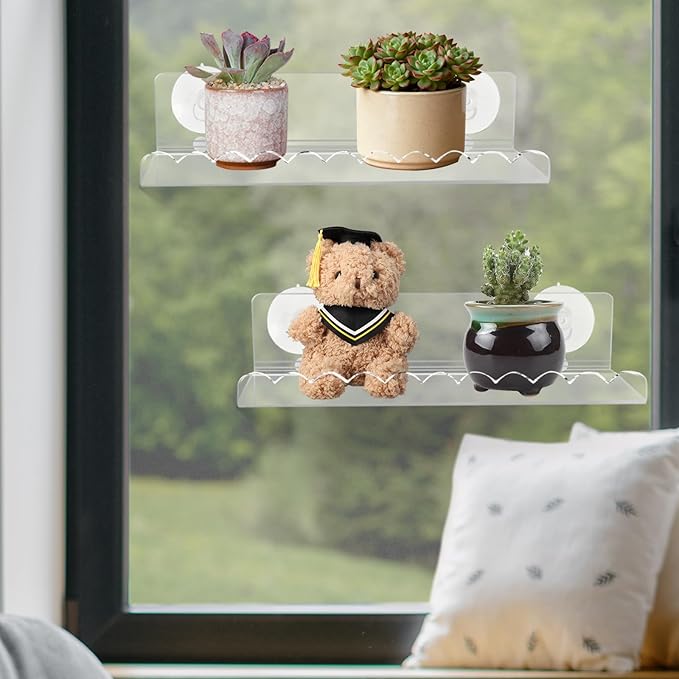 2 Pack Suction Cup Shelves, 9 Inch Window Plant Shelf, No Drilling Indoor Suction Cup Wall Shelf, Acrylic Window Plant Shelves for Indoor Plants