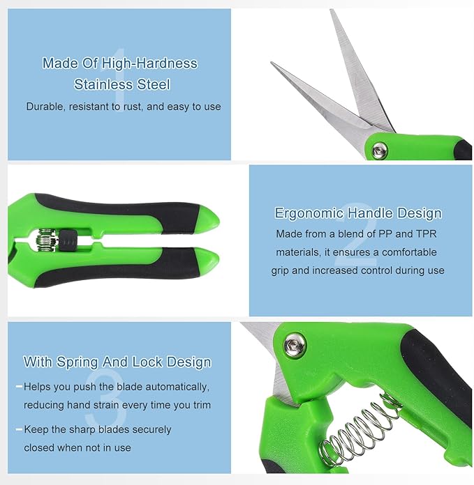 HARFINGTON Pruning Shears 6.5" Stainless Steel Gardening Hand Scissors with Straight Precision Blades & Lock Garden Clippers for Cutting Flowers Trimming Plants, Green