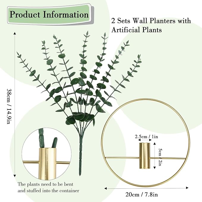 GREENTIME 2 Pack Hanging Plants Faux Eucalyptus with Gold Round Metal Hanging Vase for Teacher Appreciation Living Room Bedroom Boho Kitche Wall Shelf Outdoor