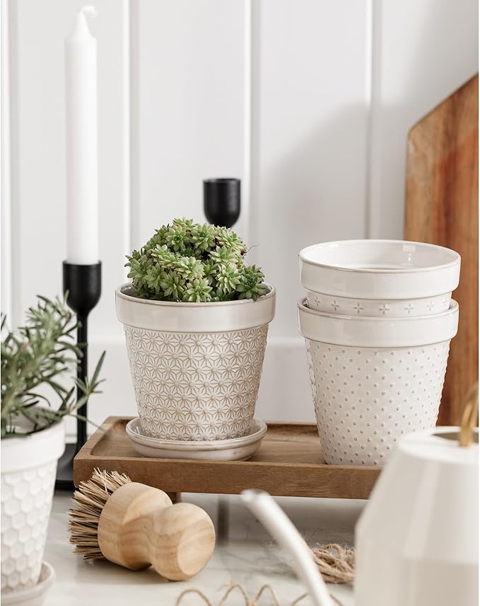 Ceramic Succulent Pots with Drainage Hole & Saucer, 4 Inch Small Plant Pots, Ceramic Planter for Indoor Plants, Embossed Flower Pots, Home Decor, Set of 4, Off-White