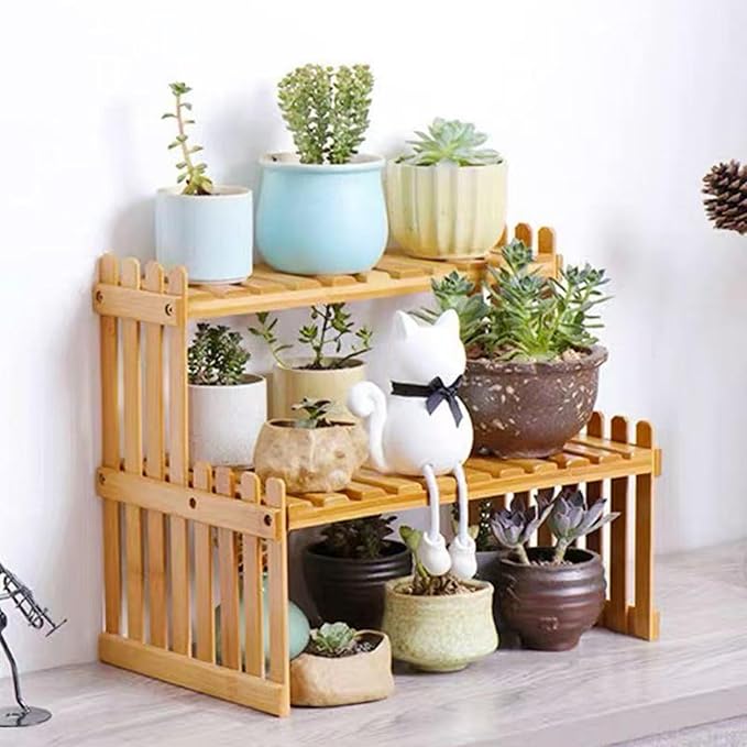 GURECOD 22.8" 2 Tiers Bamboo Plant Stand Shelf,Desk Flower Pot Holder,Adjustable Desktop Shelf Display Organizer Ladder Rack for Office Decorate Desk Shelving Storage Rack,Kitchen Rack (22.8" Length)