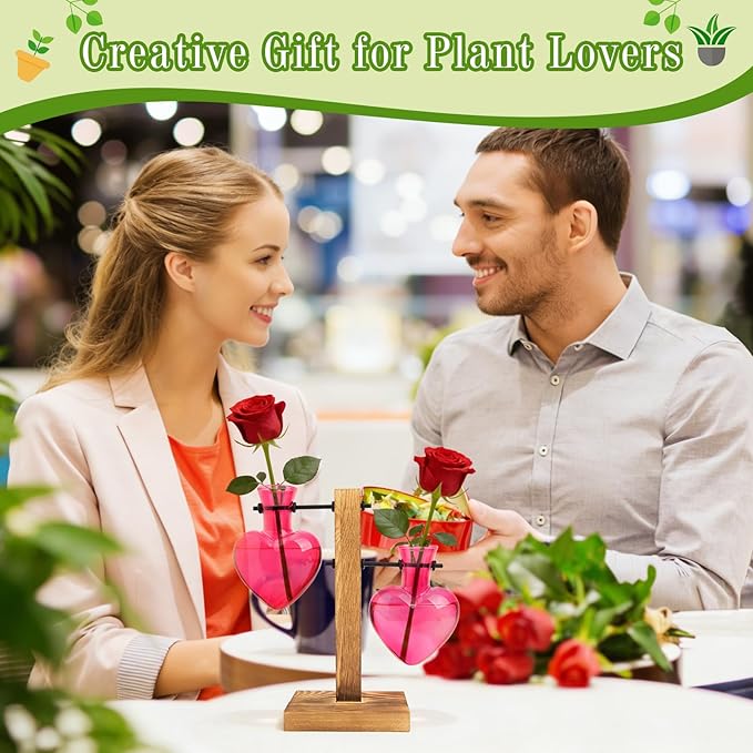 XXXFLOWER Plant Terrarium Wooden Stand Hydroponic Planter Bulb Glass Metal Swivel Holder Retro Air Plants Water Plants for Home Office Decoration,Gifts for Plant Lover Wife Mom- 2 Pink Love Bulb Vase