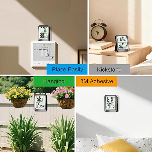 Antonki 4 Pack Mini Room Thermometer Hygrometer Indoor Temperaure and Humidity Monitor Gauge Meter for Home, Baby Room, Office, Incubator, Greenhouse, Reptile - Battery Included - Black