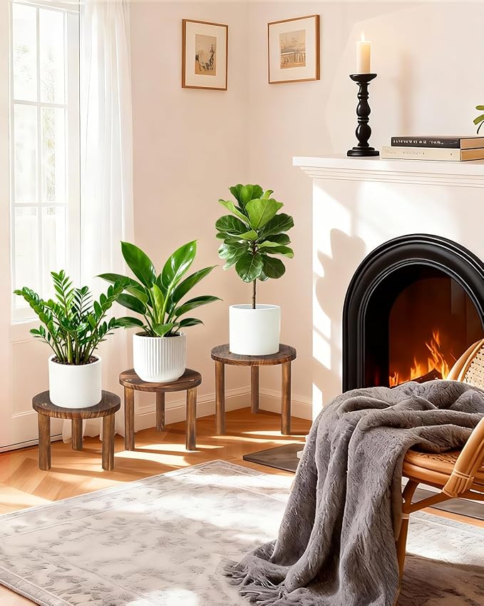 3-Pack Wooden Plant Stand Indoor, Mid Century Plant Stands for 6-11 Inch Pots, Modern Plant Stool for Large Plants, Heavy Duty Tall Plant Holder for Small Apartment Living Room Balcony Office