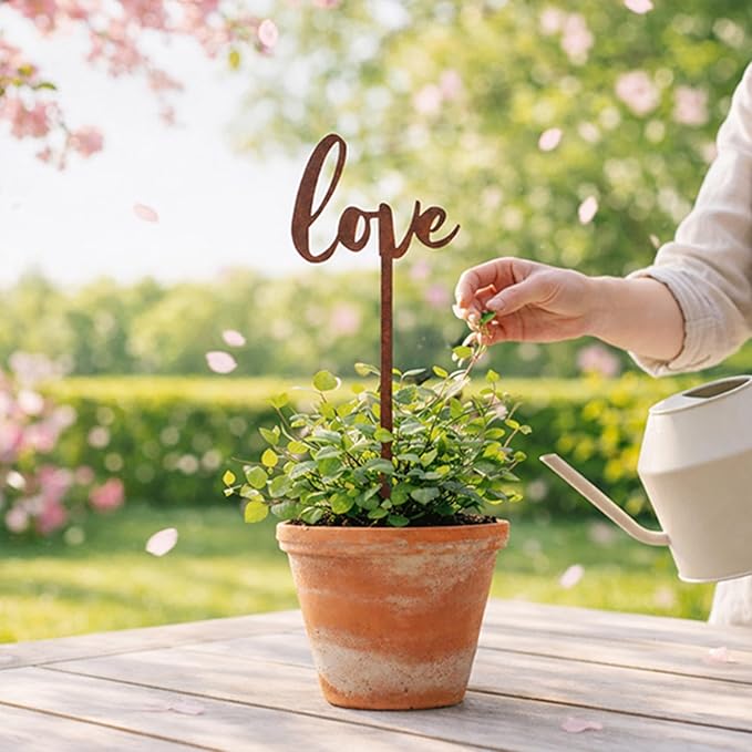 Love Text Metal Garden Stake – Powder-Coated Rustic Plant Pick for Pots & Planters, Indoor/Outdoor Decorative Accent