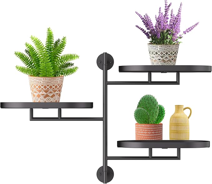 YQSLYSF Window Sill Rotating Plant Stand Shelf Indoor Black Metal Floating Shelves 3-Tier Wall Mount Plant Holders for Living Room Wall Planter Modern Home Decor for Gardening