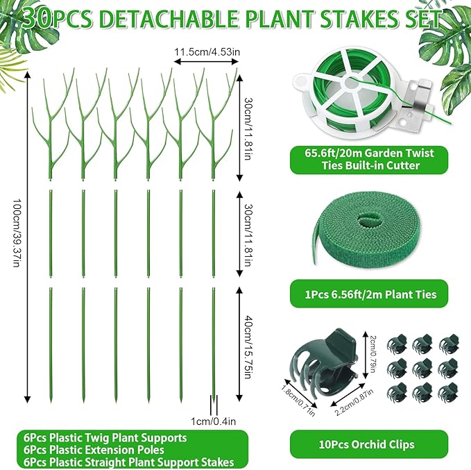 ROADPLUM 6 Pack 39.37" Detachable Twig Plant Support Stakes Set, Blends in to Plant, Branch Plant Sticks with Orchid Clips Twist Plant Ties, Twig Trellis for Indoor Outdoor Plants Potted Plants Flower
