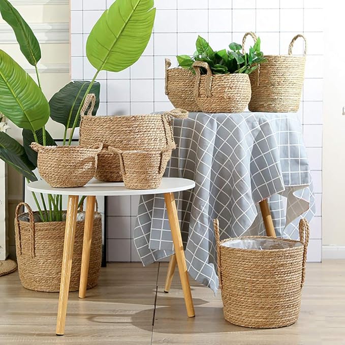 Yardwe Woven Flower Basket Straw Weaving Basket Plant Flower Pots Cover Garden Plant Containers Wicker Rattan Vase Storage Bins Box Container Sundries Organizer 6.3inchs