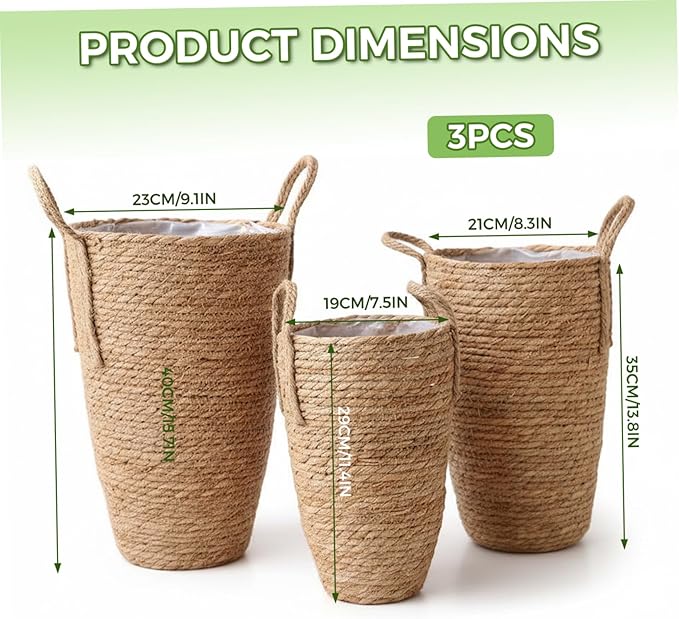 3PCS Rattan Planter, 3 Sizes Seagrass Woven Plant Basket with Waterproof Liner, Plant Baskets Indoor with Handle for Balcony Home Decoration, Woven Basket for