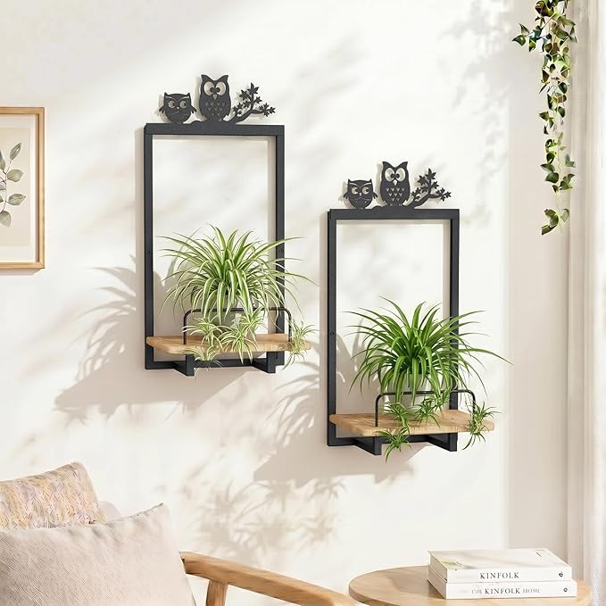Shineled Wall Planter for Indoor Plants 2 Pack, Wall Mounted Plant Holder for Small Plants, Floating Wall Shelf for Plants, Real Oak Wood, Magnetic Animal Decor, Home Wall Decor (OWL)