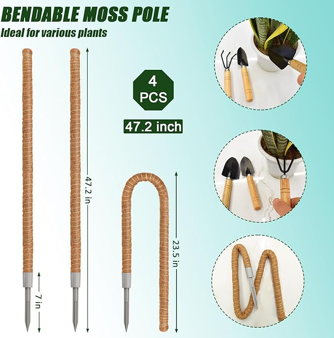 4 Pack Moss Pole, 47 Inch Moss Poles for Climbing Plants Monstera, Bendable Coir Plant Stakes for Potted Plants, Philodendron, Pothos (47.2" x 4pcs)