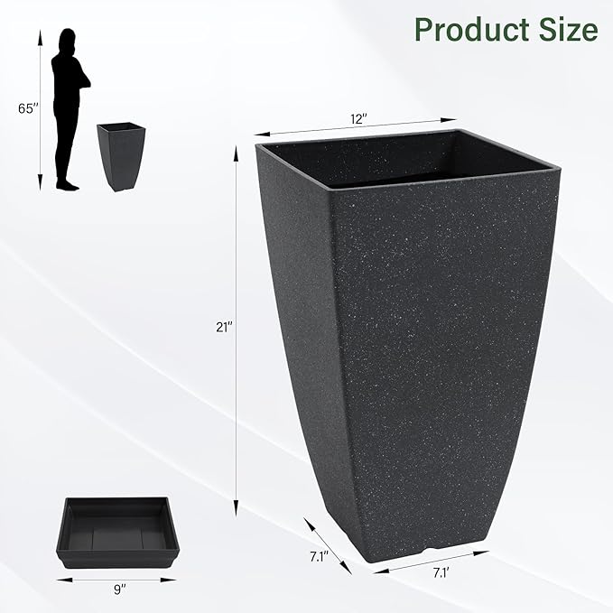 Neoaider Set of 2 Tall Planter, 21 inch Large Plastic Planter with Drain Hole & Saucers, Large Outdoor Planters for Porch, Garden, Patio, Balcony(Cement Gray)