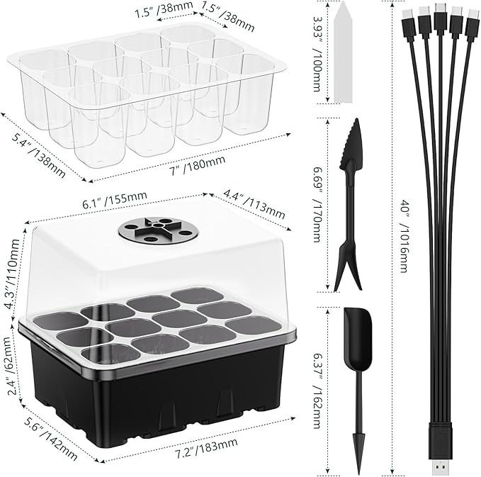 Seed Starter Tray with Grow Light, 5 Pack 60 Cells Seed Starter kit with Humidity Dome and Base, Plant Seedling Trays Indoor Greenhouse Gardening (Black 5 Pack)