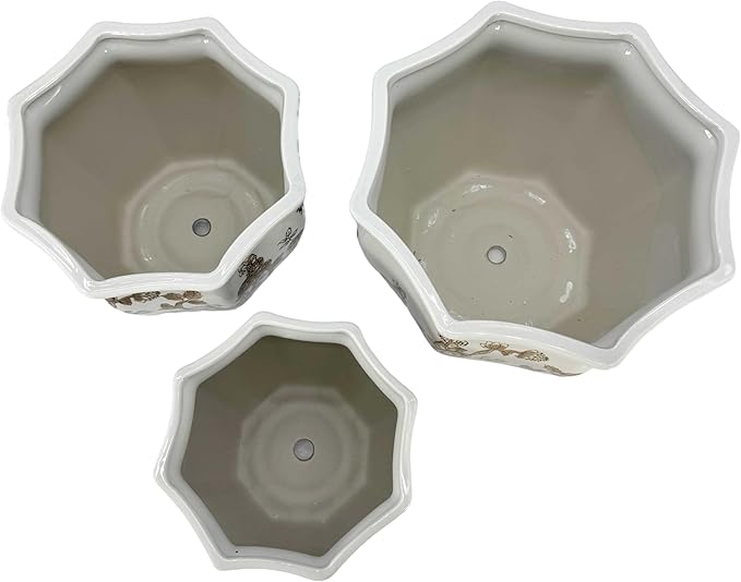 Galt International Brown & White Round Fluted Floral Porcelain Ceramic Plant Flower Planter Pot Set of 3 (7.5", 10", 13") Garden Pots Chinese Asian Design
