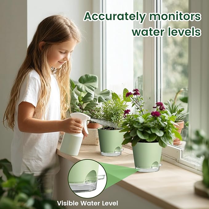Meowell 6 inch Self Watering Pots for Indoor Outdoor Plants, 6 Pack Flower Plant Pots with Drainage Holes and Clear Reservoirs, Visible Water Level, Plastic Planters with Wicking Rope, Green